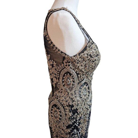 Elegant Black Gold Sleeveless Evening Gown Sheer Back Embroidery Mermaid Silhoue - Picture 5 of 16